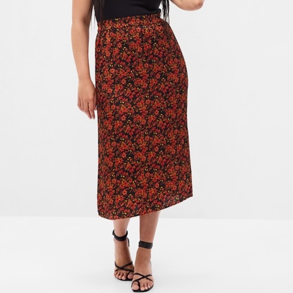 Gap Floral Print Midi Skirt with Slit Black Orange Res & Yellow Size XS